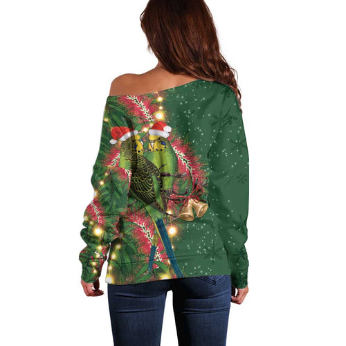 Green Budgerigars on Callistemon Off Shoulder Sweater Merry Christmas Aussie - Aussie Hoodie