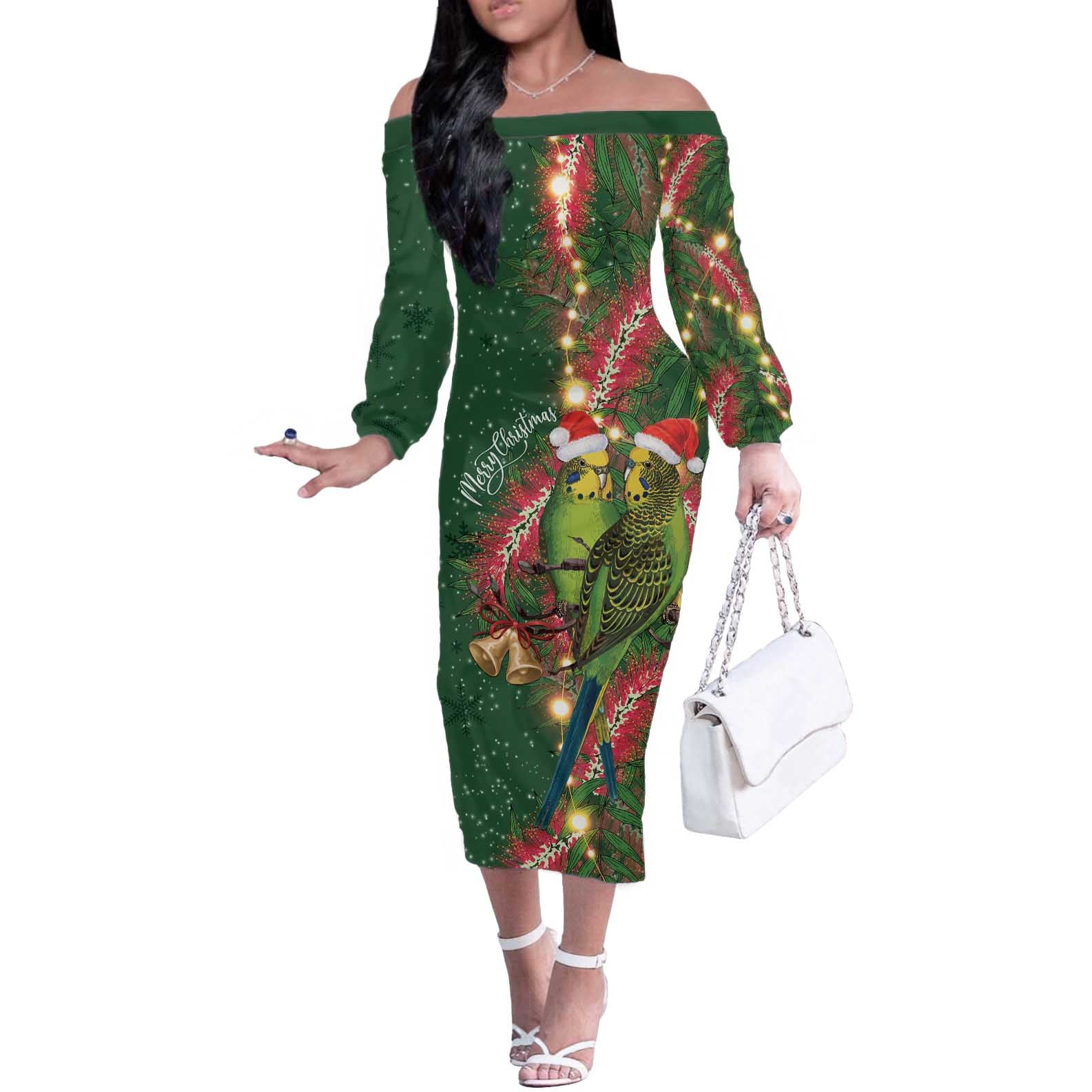 Green Budgerigars on Callistemon Off The Shoulder Long Sleeve Dress Merry Christmas Aussie - Aussie Hoodie