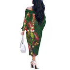 Green Budgerigars on Callistemon Off The Shoulder Long Sleeve Dress Merry Christmas Aussie - Aussie Hoodie