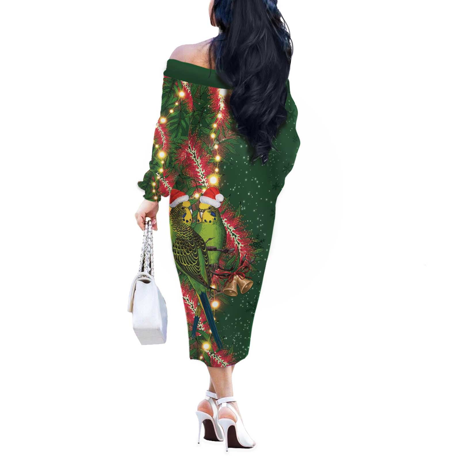 Green Budgerigars on Callistemon Off The Shoulder Long Sleeve Dress Merry Christmas Aussie - Aussie Hoodie