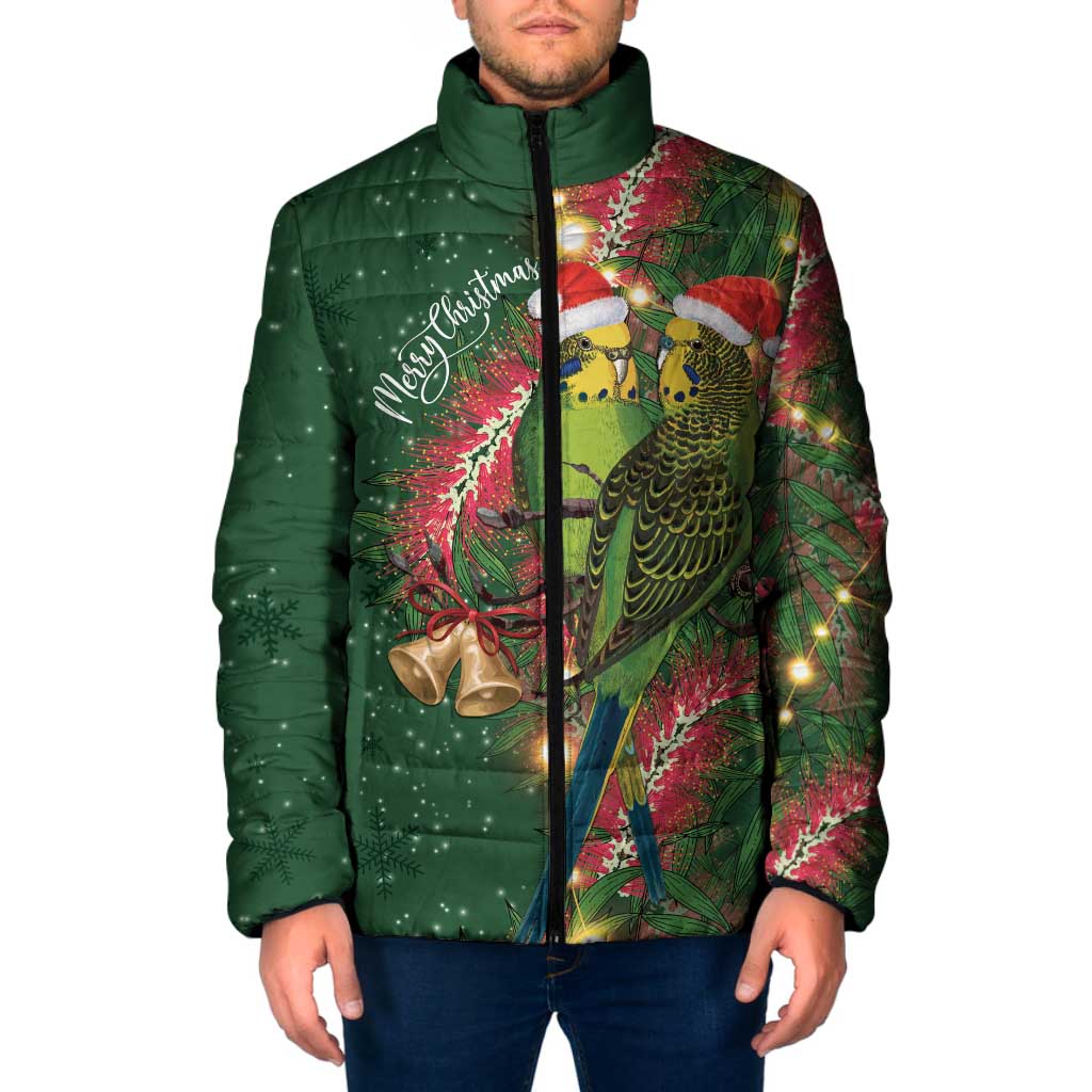 Green Budgerigars on Callistemon Padded Jacket Merry Christmas Aussie - Aussie Hoodie