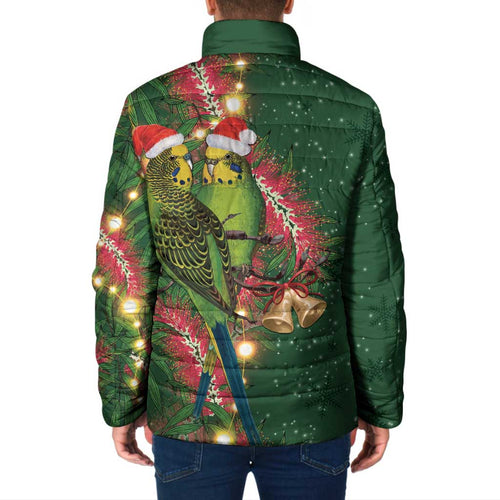 Green Budgerigars on Callistemon Padded Jacket Merry Christmas Aussie - Aussie Hoodie