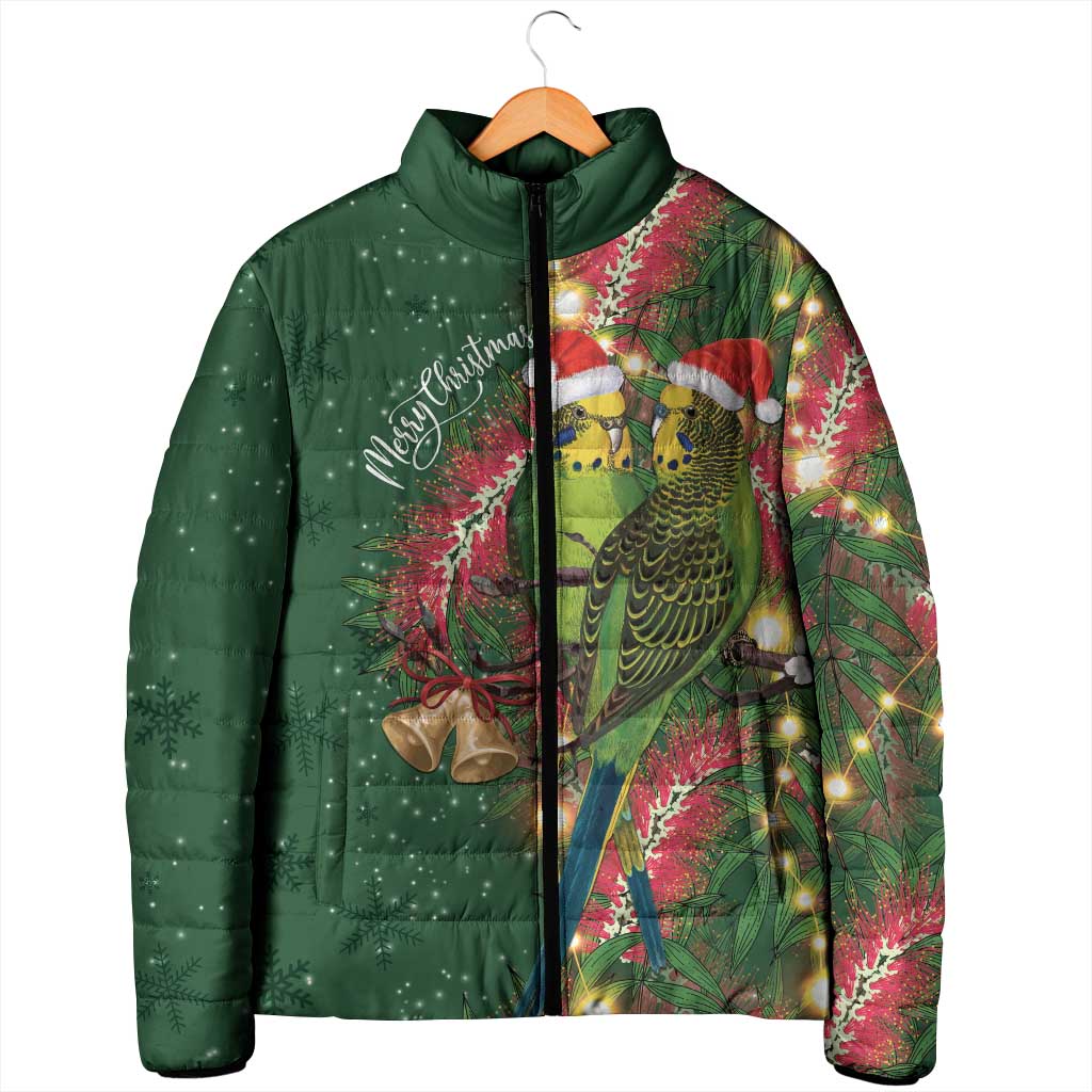 Green Budgerigars on Callistemon Padded Jacket Merry Christmas Aussie - Aussie Hoodie
