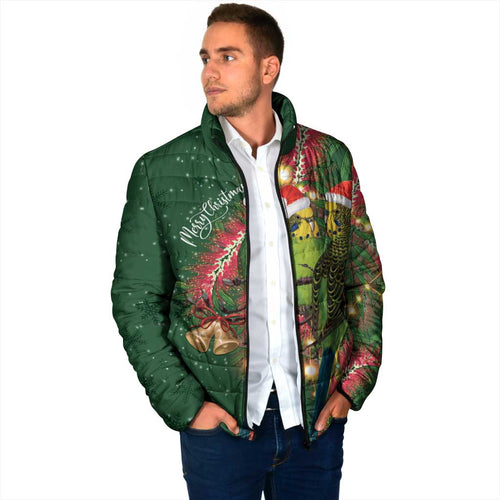 Green Budgerigars on Callistemon Padded Jacket Merry Christmas Aussie - Aussie Hoodie