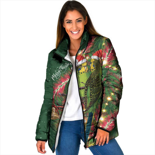 Green Budgerigars on Callistemon Padded Jacket Merry Christmas Aussie - Aussie Hoodie