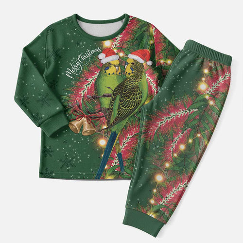 Green Budgerigars on Callistemon Merry Christmas Aussie Christmas Pajama Set - Aussie Hoodie