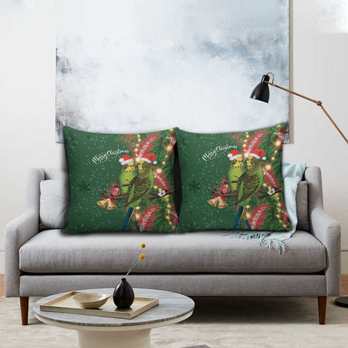 Green Budgerigars on Callistemon Pillow Cover Merry Christmas Aussie - Aussie Hoodie