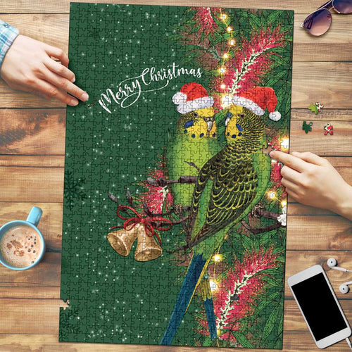 Green Budgerigars on Callistemon Puzzle Merry Christmas Aussie - Aussie Hoodie