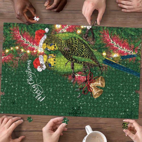 Green Budgerigars on Callistemon Puzzle Merry Christmas Aussie - Aussie Hoodie