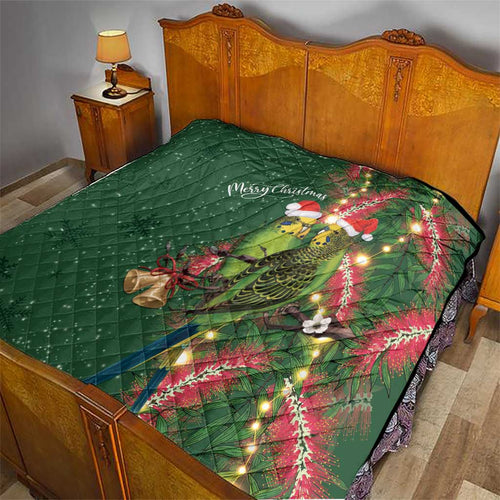 Green Budgerigars on Callistemon Quilt Merry Christmas Aussie - Aussie Hoodie