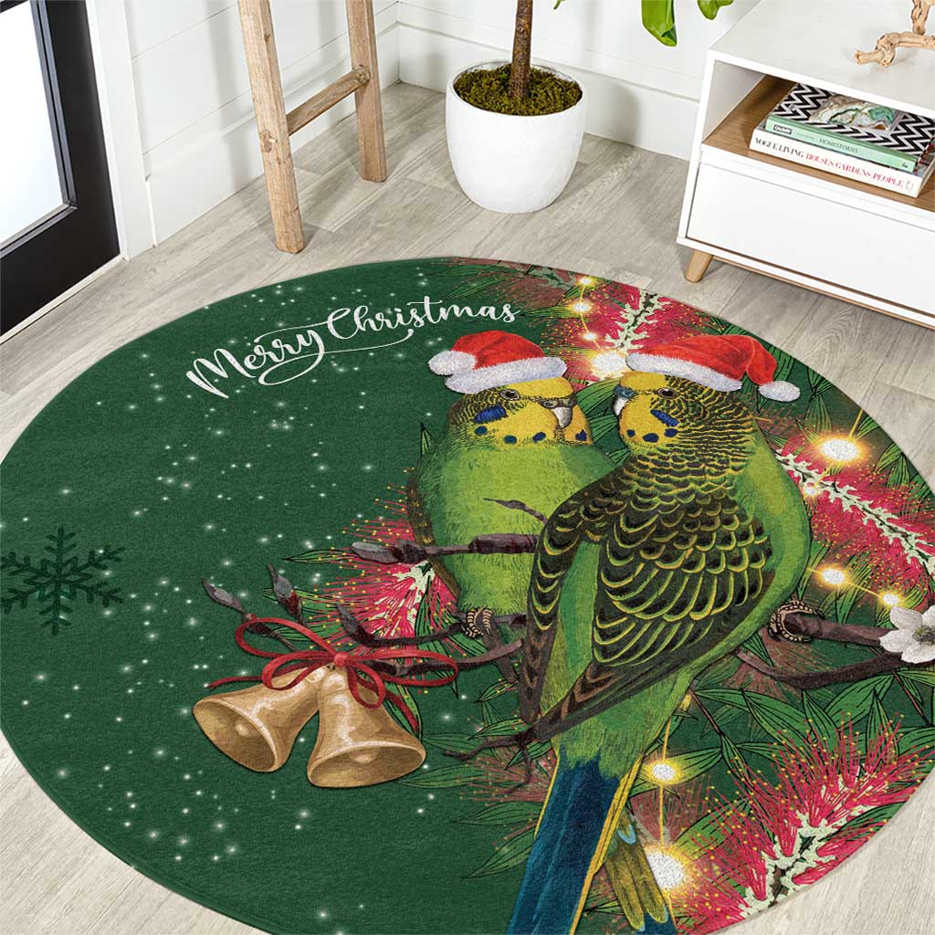 Green Budgerigars on Callistemon Round Carpet Merry Christmas Aussie - Aussie Hoodie