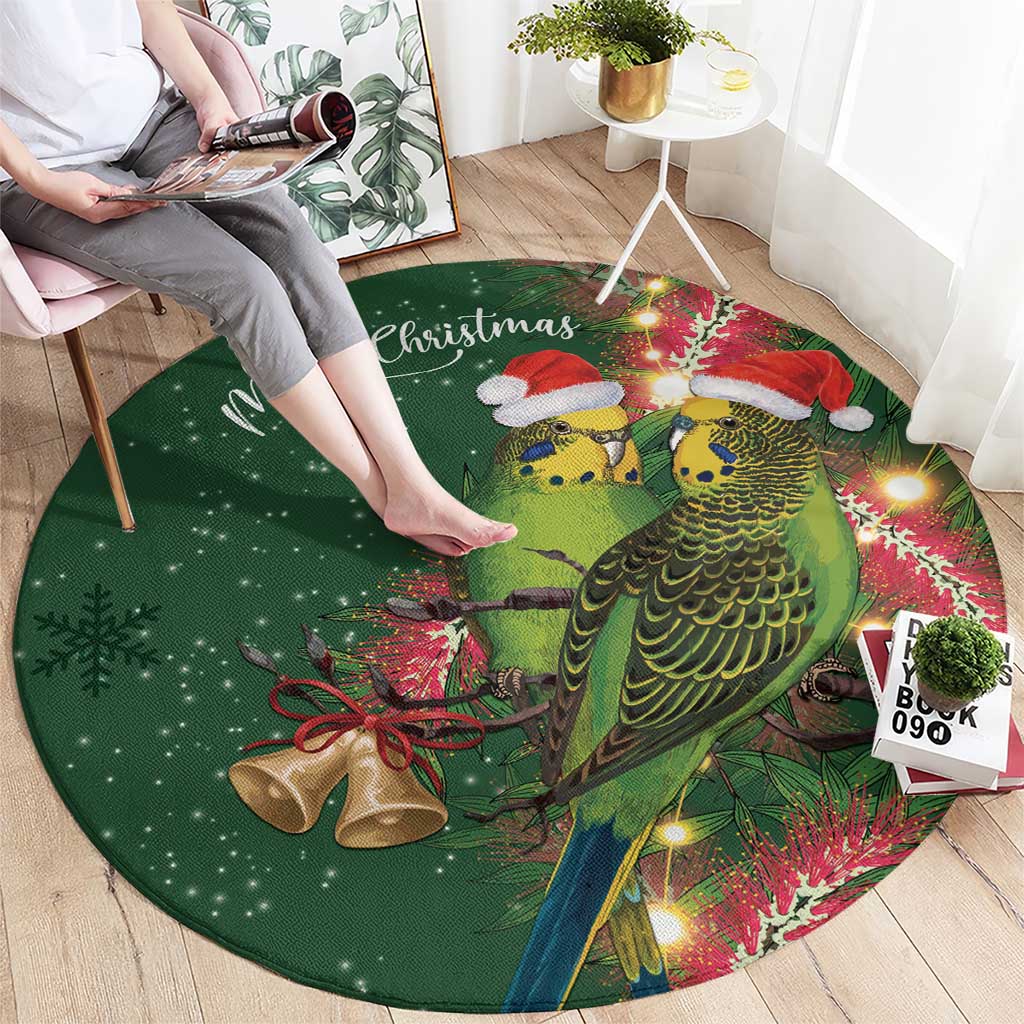 Green Budgerigars on Callistemon Round Carpet Merry Christmas Aussie - Aussie Hoodie