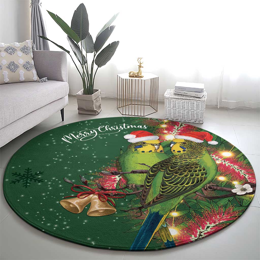 Green Budgerigars on Callistemon Round Carpet Merry Christmas Aussie - Aussie Hoodie