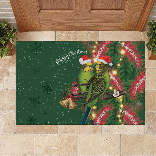 Green Budgerigars on Callistemon Rubber Doormat Merry Christmas Aussie - Aussie Hoodie