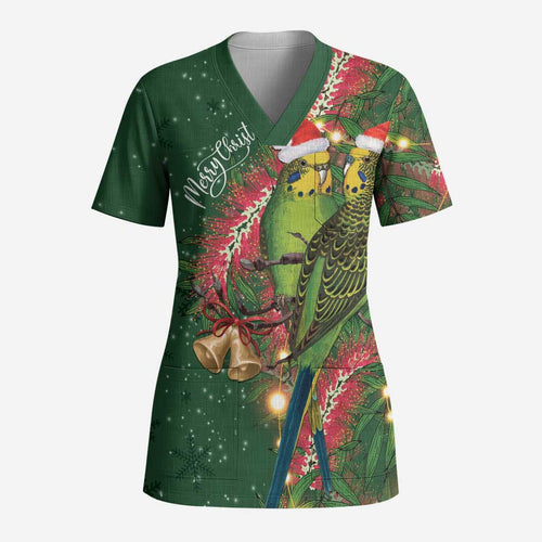 Green Budgerigars on Callistemon Scrub Top Merry Christmas Aussie - Aussie Hoodie