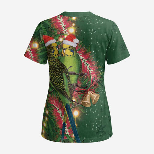 Green Budgerigars on Callistemon Scrub Top Merry Christmas Aussie - Aussie Hoodie