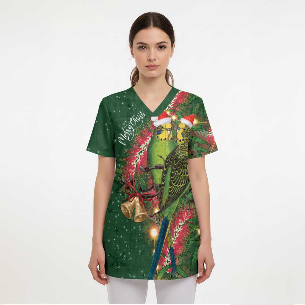 Green Budgerigars on Callistemon Scrub Top Merry Christmas Aussie - Aussie Hoodie