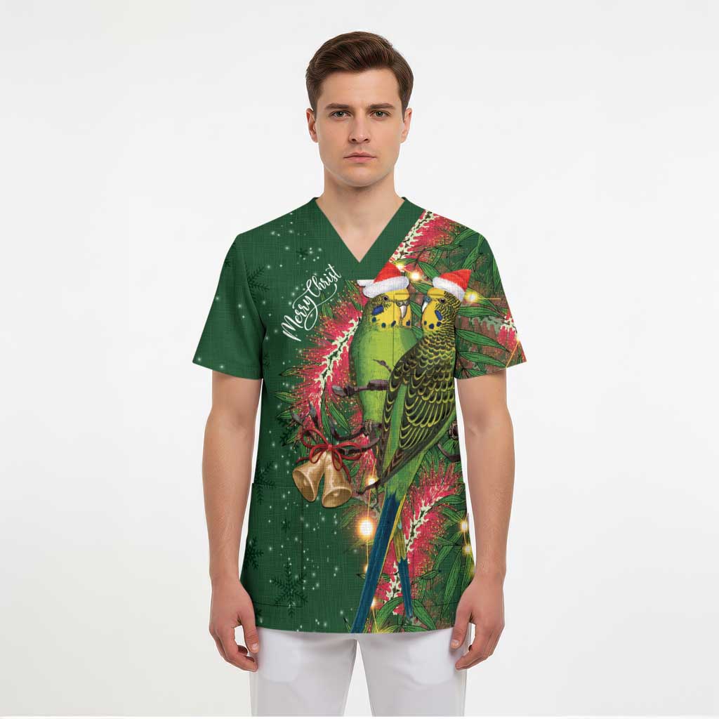 Green Budgerigars on Callistemon Scrub Top Merry Christmas Aussie - Aussie Hoodie