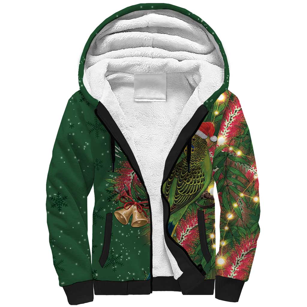 Green Budgerigars on Callistemon Sherpa Hoodie Merry Christmas Aussie - Aussie Hoodie