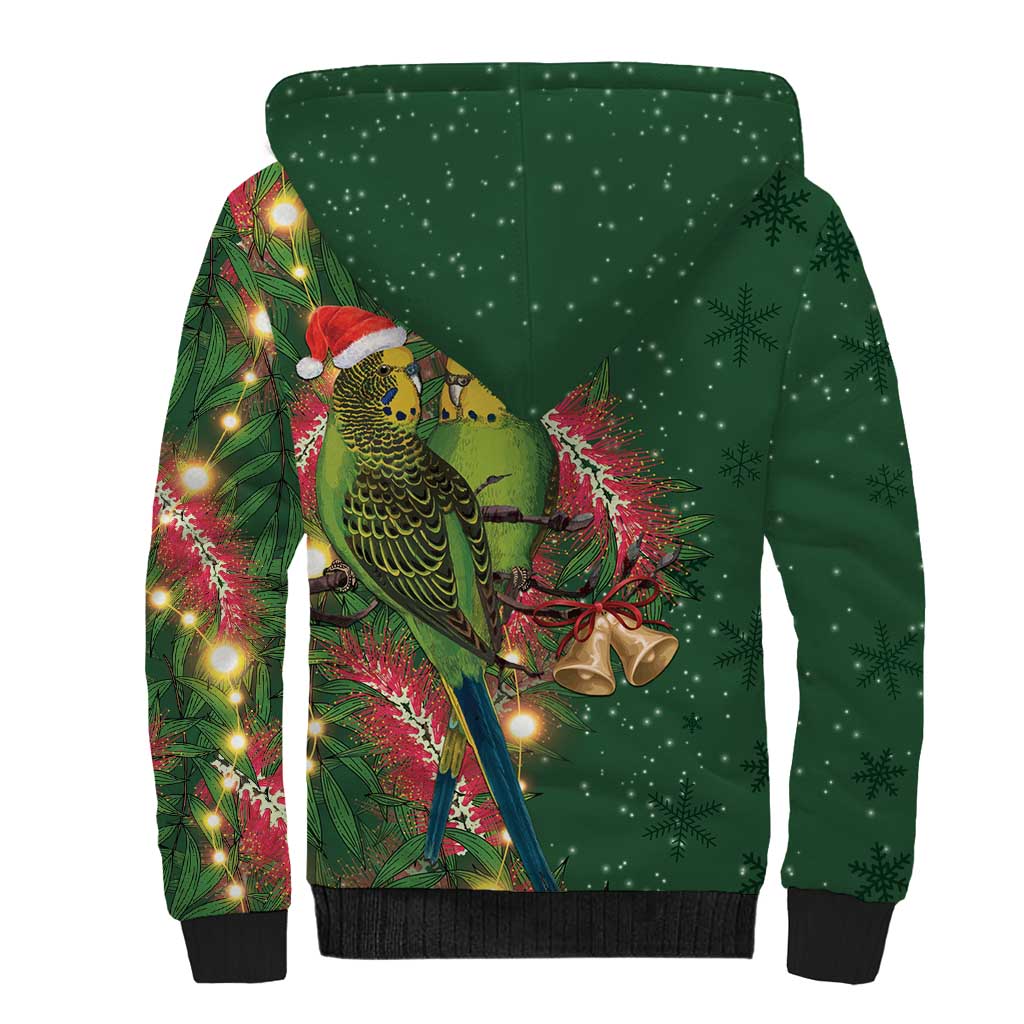 Green Budgerigars on Callistemon Sherpa Hoodie Merry Christmas Aussie - Aussie Hoodie