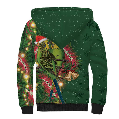 Green Budgerigars on Callistemon Sherpa Hoodie Merry Christmas Aussie - Aussie Hoodie