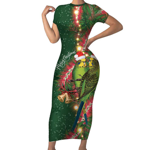 Green Budgerigars on Callistemon Short Sleeve Bodycon Dress Merry Christmas Aussie - Aussie Hoodie