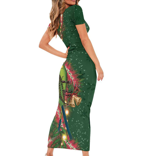 Green Budgerigars on Callistemon Short Sleeve Bodycon Dress Merry Christmas Aussie - Aussie Hoodie