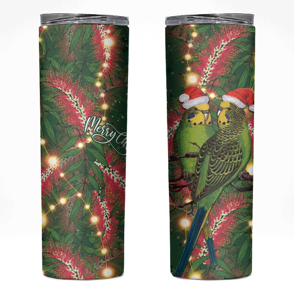 Green Budgerigars on Callistemon Skinny Tumbler Merry Christmas Aussie - Aussie Hoodie