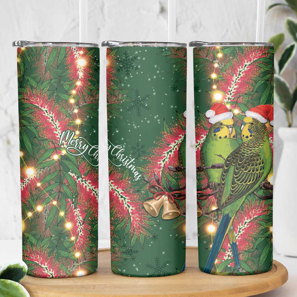 Green Budgerigars on Callistemon Skinny Tumbler Merry Christmas Aussie - Aussie Hoodie