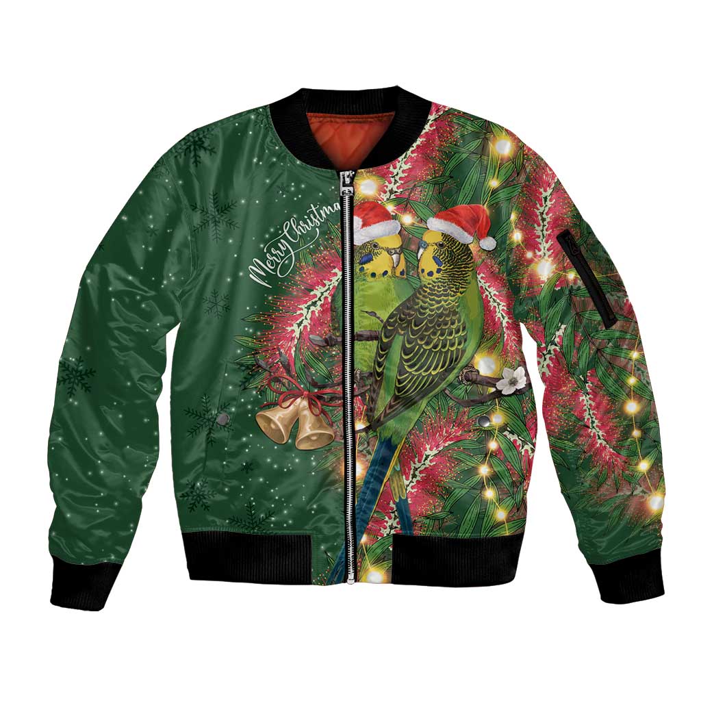Green Budgerigars on Callistemon Sleeve Zip Bomber Jacket Merry Christmas Aussie - Aussie Hoodie