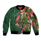 Green Budgerigars on Callistemon Sleeve Zip Bomber Jacket Merry Christmas Aussie - Aussie Hoodie
