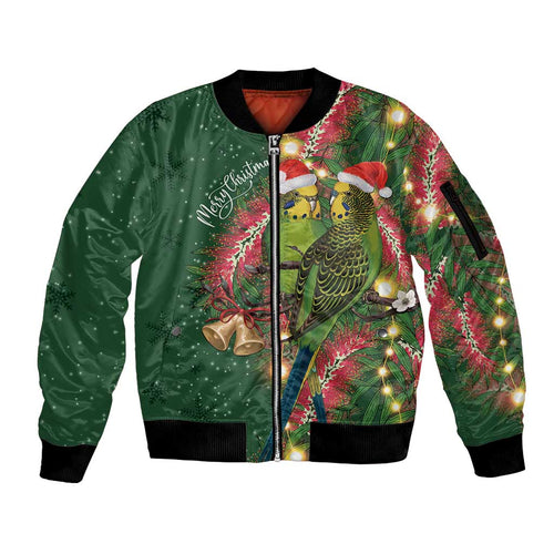 Green Budgerigars on Callistemon Sleeve Zip Bomber Jacket Merry Christmas Aussie - Aussie Hoodie