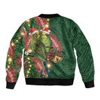 Green Budgerigars on Callistemon Sleeve Zip Bomber Jacket Merry Christmas Aussie - Aussie Hoodie