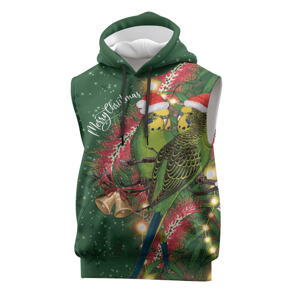 Green Budgerigars on Callistemon Sleeveless Hoodie Merry Christmas Aussie - Aussie Hoodie