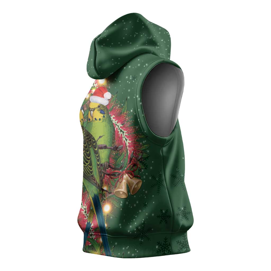 Green Budgerigars on Callistemon Sleeveless Hoodie Merry Christmas Aussie - Aussie Hoodie