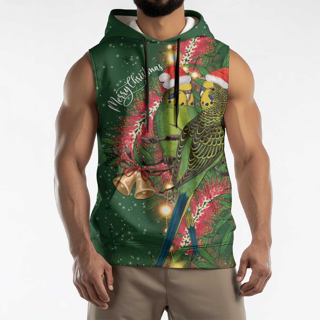 Green Budgerigars on Callistemon Sleeveless Hoodie Merry Christmas Aussie - Aussie Hoodie