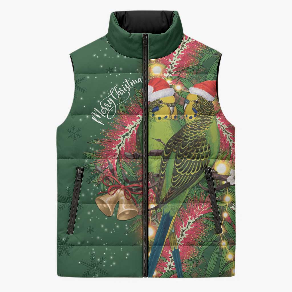 Green Budgerigars on Callistemon Sleeveless Puffer Jacket Merry Christmas Aussie - Aussie Hoodie