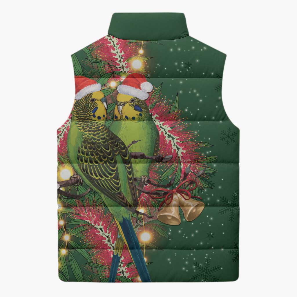 Green Budgerigars on Callistemon Sleeveless Puffer Jacket Merry Christmas Aussie - Aussie Hoodie