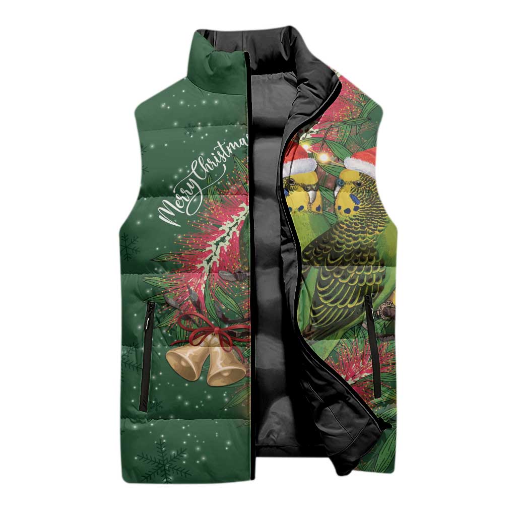 Green Budgerigars on Callistemon Sleeveless Puffer Jacket Merry Christmas Aussie - Aussie Hoodie