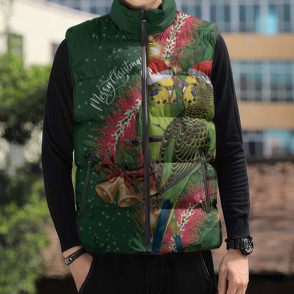 Green Budgerigars on Callistemon Sleeveless Puffer Jacket Merry Christmas Aussie - Aussie Hoodie