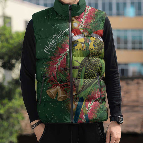 Green Budgerigars on Callistemon Sleeveless Puffer Jacket Merry Christmas Aussie - Aussie Hoodie