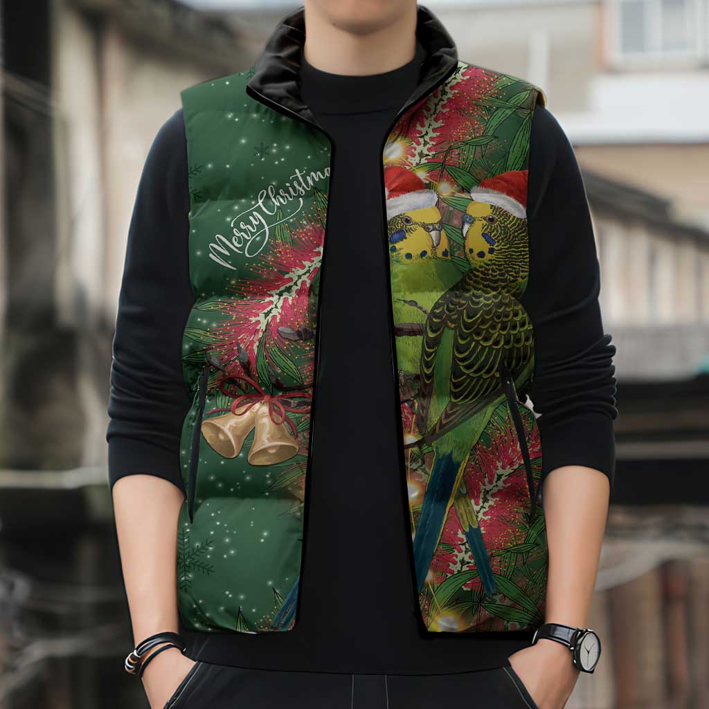 Green Budgerigars on Callistemon Sleeveless Puffer Jacket Merry Christmas Aussie - Aussie Hoodie