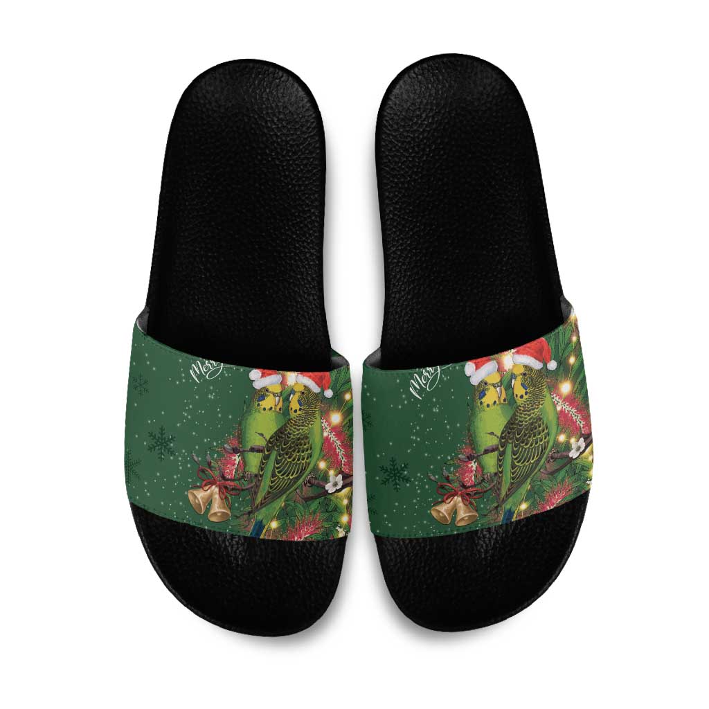 Green Budgerigars on Callistemon Slide Sandals Merry Christmas Aussie - Aussie Hoodie