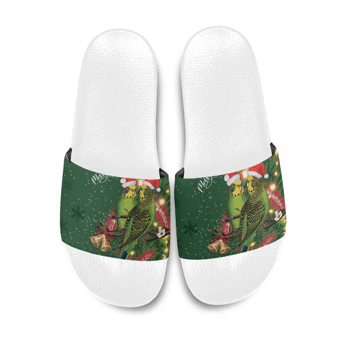 Green Budgerigars on Callistemon Slide Sandals Merry Christmas Aussie - Aussie Hoodie