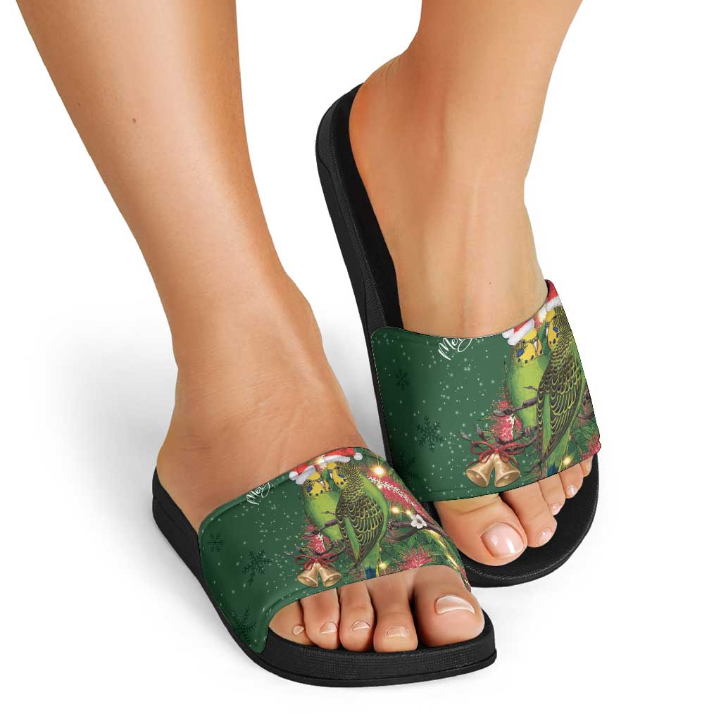 Green Budgerigars on Callistemon Slide Sandals Merry Christmas Aussie - Aussie Hoodie
