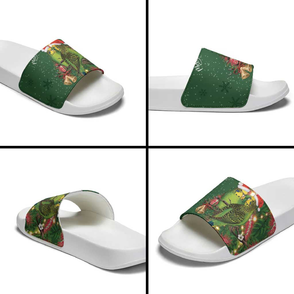 Green Budgerigars on Callistemon Slide Sandals Merry Christmas Aussie - Aussie Hoodie