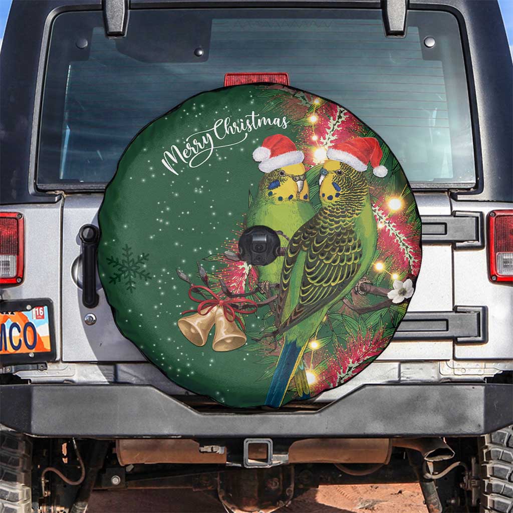 Green Budgerigars on Callistemon Spare Tire Cover Merry Christmas Aussie - Aussie Hoodie