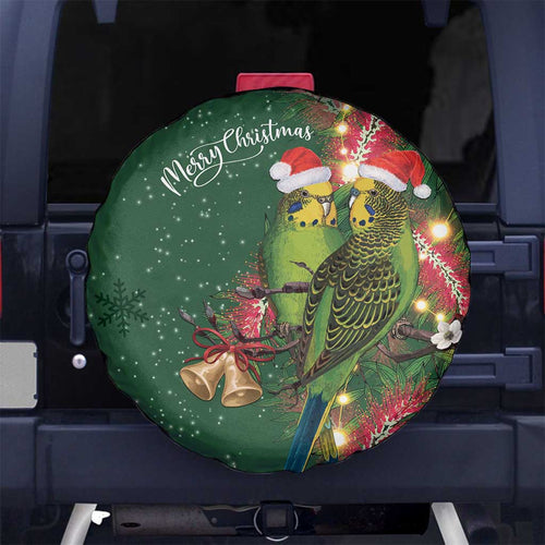 Green Budgerigars on Callistemon Spare Tire Cover Merry Christmas Aussie - Aussie Hoodie