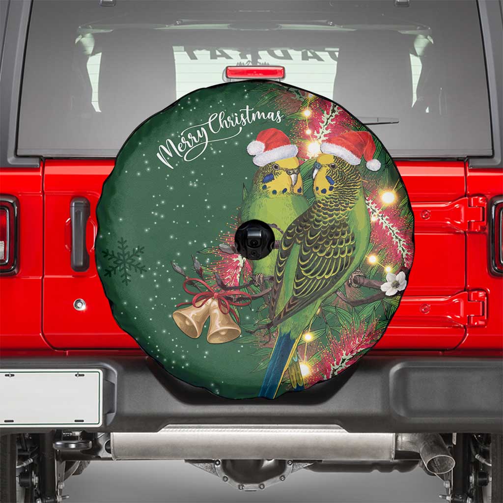 Green Budgerigars on Callistemon Spare Tire Cover Merry Christmas Aussie - Aussie Hoodie