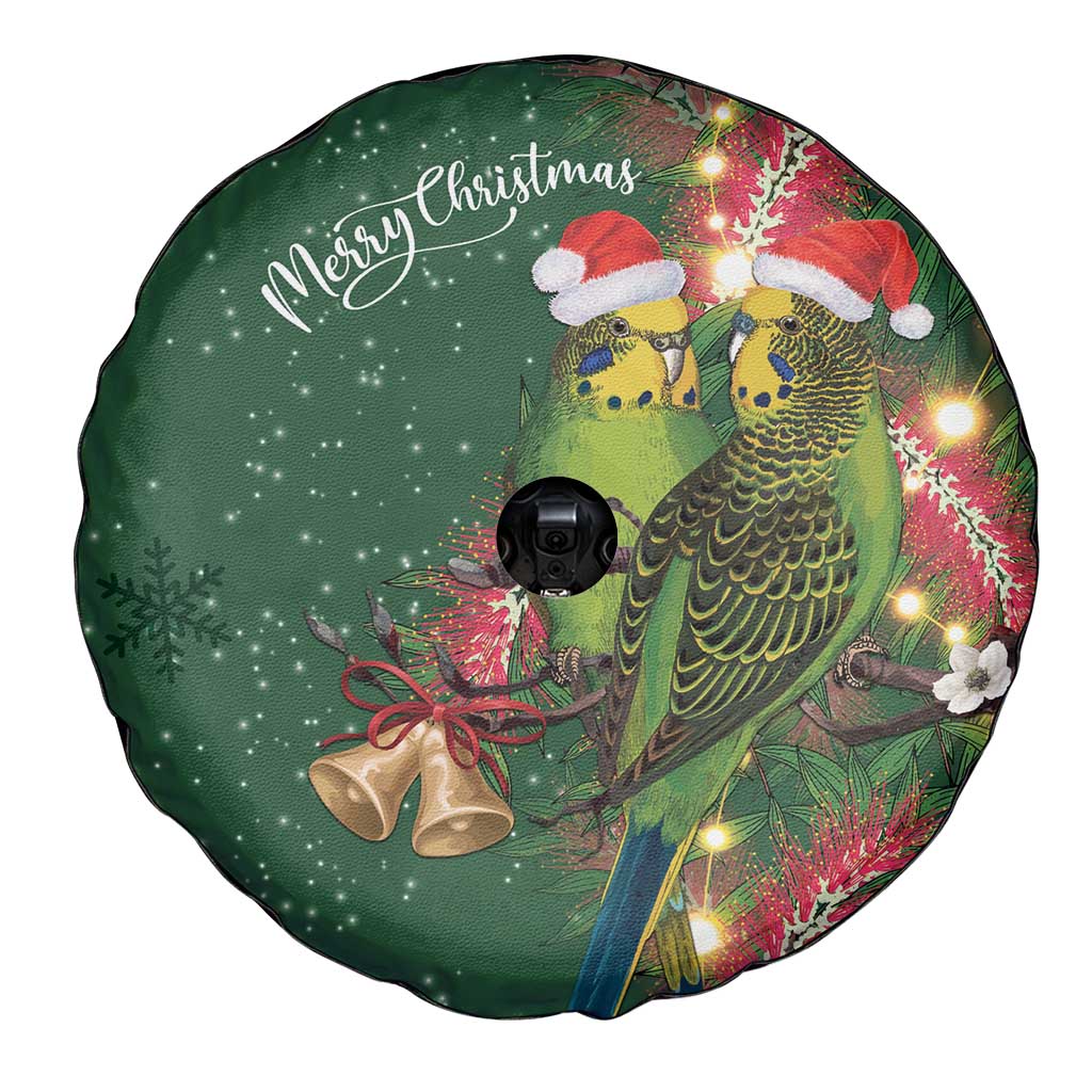 Green Budgerigars on Callistemon Spare Tire Cover Merry Christmas Aussie - Aussie Hoodie